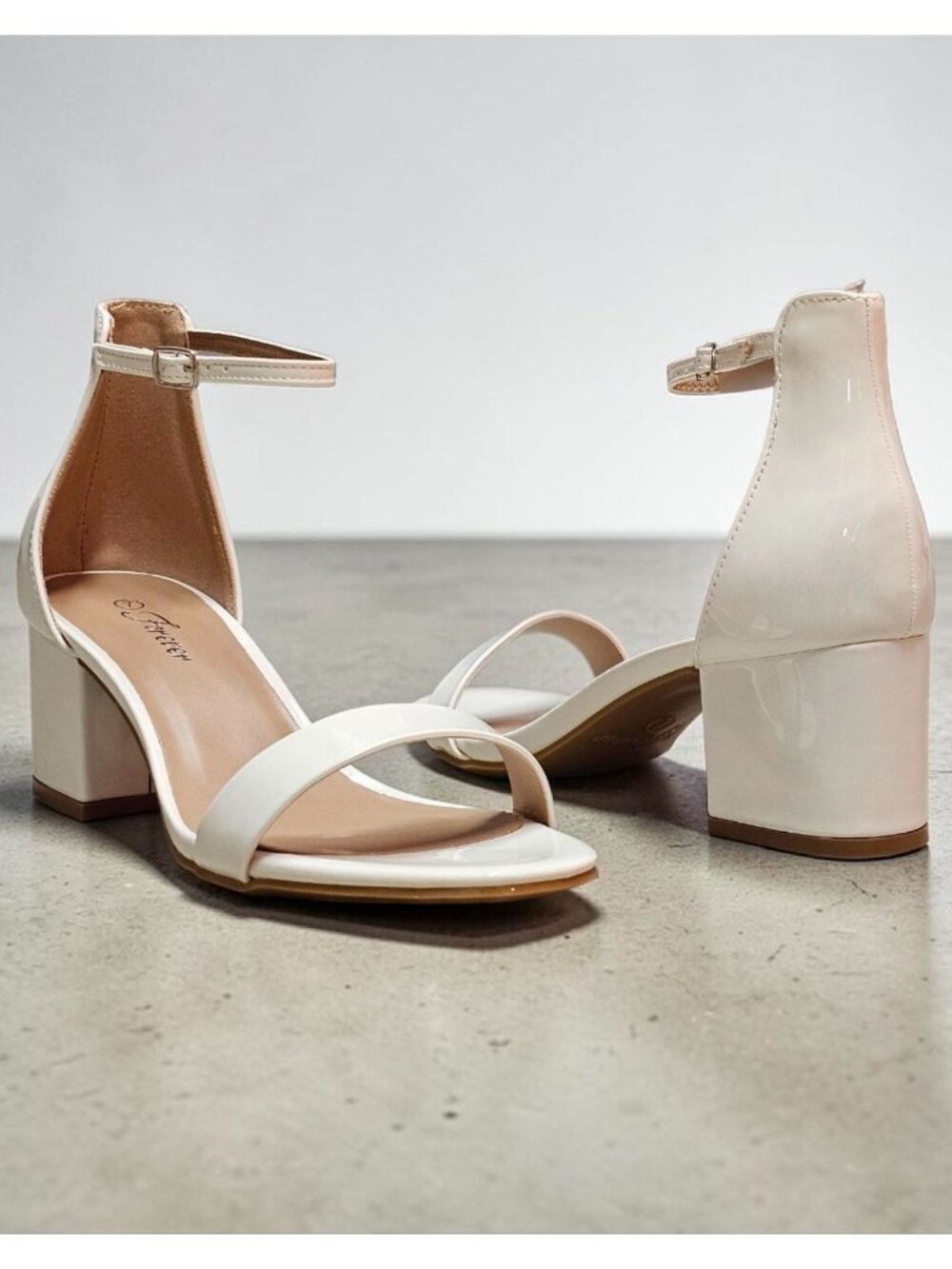 Patent Leather Block Heel Sandals With Ankle Strap In White